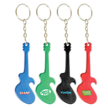 Four guitar shape key chains printed with logo on different colors